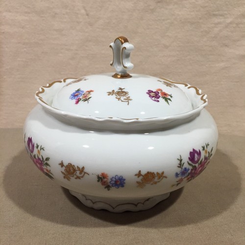 Vintage Reichenbach 6"" feine China Süßigkeitenschale mit Blumen und Zierleisten in Gold DDR - Bild 2 von 9