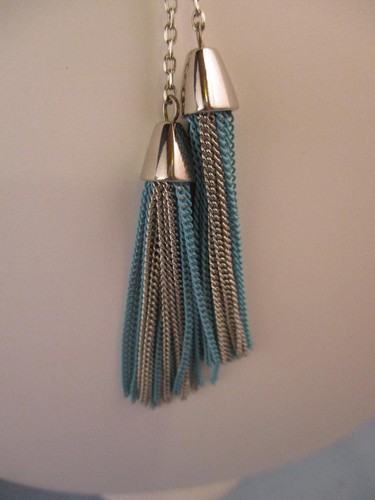 NWOT Kenneth Cole Turquoise Silver Long Tassel Necklace Liquid Silver Retail $40 - Picture 2 of 3