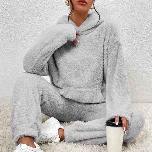 Damen Freizeit Winter Warm Kapuze Damen Pyjama Sets Fleece Flauschig Nachtwäsche - Bild 7 von 23