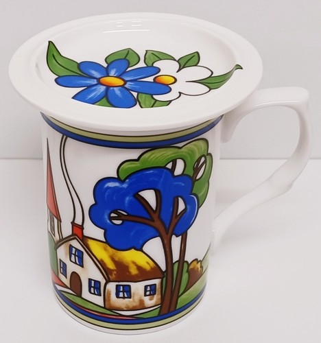 Art Deco Village 2 Mugs 2 Coasters Set Fine China 300ml Cups Lids Country Scene - Picture 7 of 13