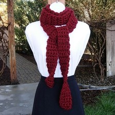 Extra Long Skinny Solid Red Narrow Scarf Soft Handmade Bulky Winter Crochet Knit