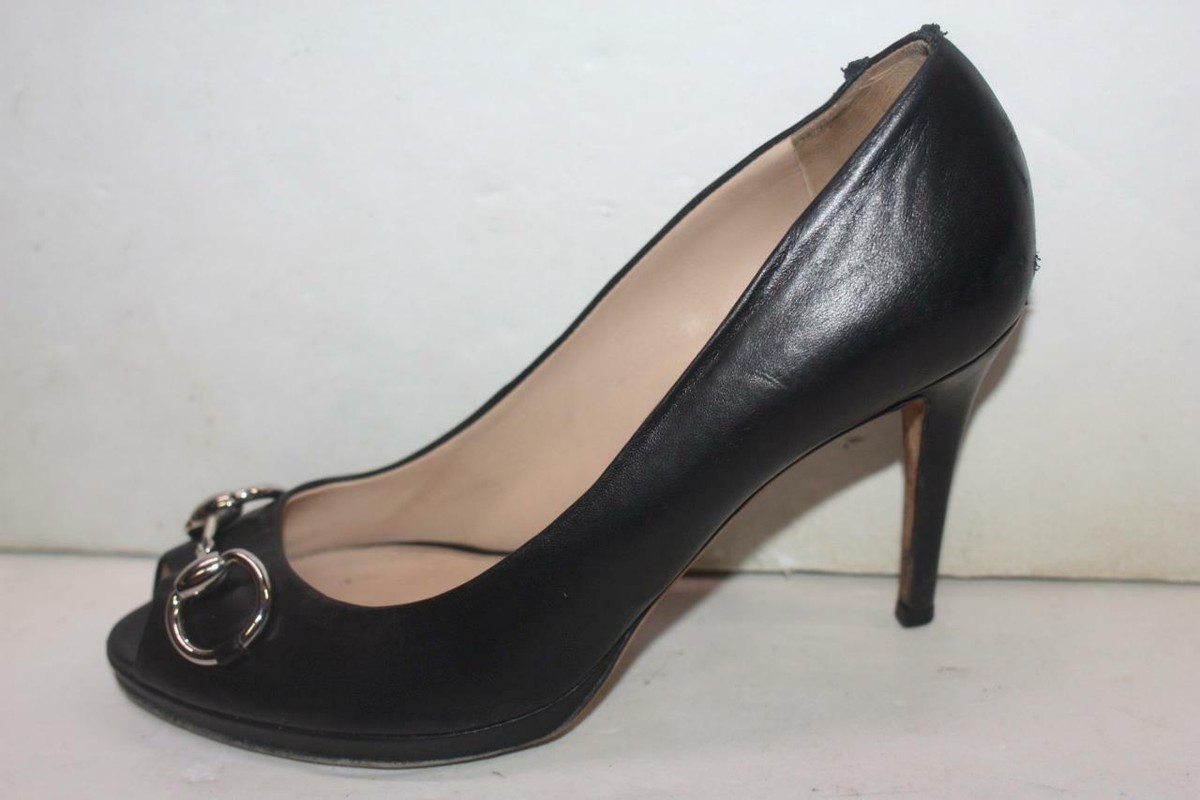 【グッチ】 Pumps パンプス GUCCI 257886 Black Leather Silver Horsebit Buckle Peep Toe