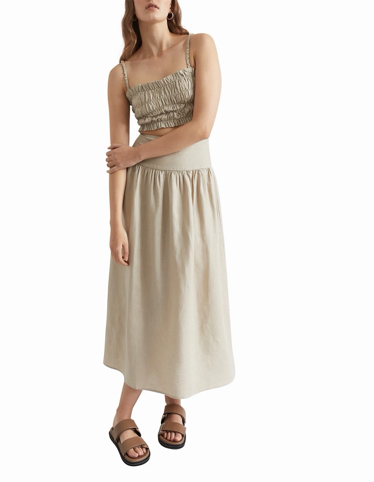 Seed Heritage Linen Skirt Beige Womens A Line Midi Core Peasant Casual Size 8