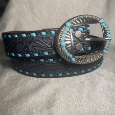 Leather Western tooled Cowgirl Belt S Sz 29 Faux Turquoise Silvertone buckle Rea