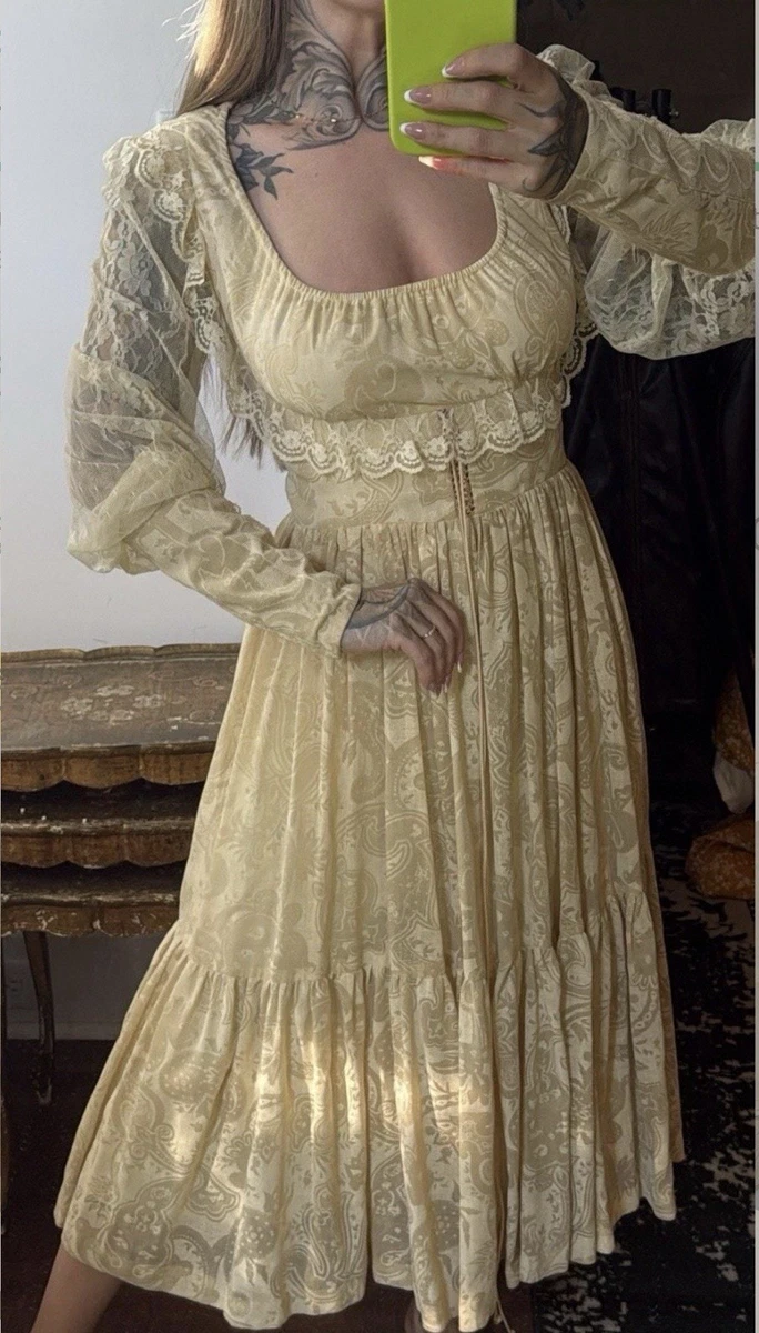 chinese dress ladies S/M) 70s White Lace Trim Prairie Maxi Dress  The Clothing Warehouse