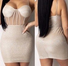 Gold Glitter Sparkly Party Bustier Zip Back Mini Dress Size Large