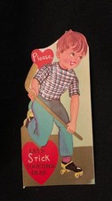 Vintage Roller Skating Boy Playing Hockey Valentine Card c. 1950s unsigne