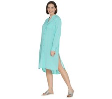 Denim & Co. Beach Crinkle Gauze Button Roll-Tab Sleeve Cover-Up Turquoise XXS