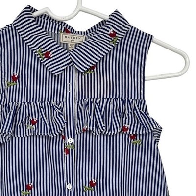 Hayden Girls Sleeveless Top 11/12 Blue White Striped Floral Embroidered Ruffle