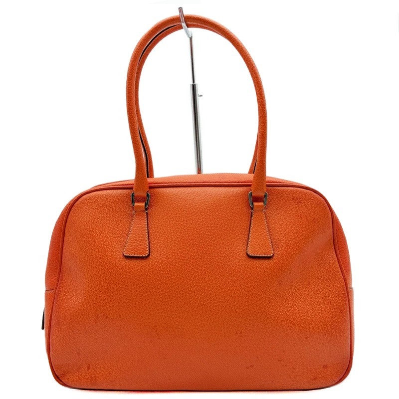 PRADA Bowling Bag Orange Leather Boston Bag Handbag Satchel Large Pre-owned Auth