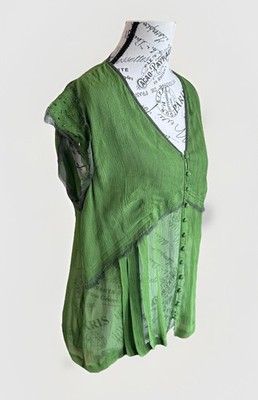 Y2K Style United Colors Of Benetton Green Wrinkle Silk Beaded Button Sheer Top L