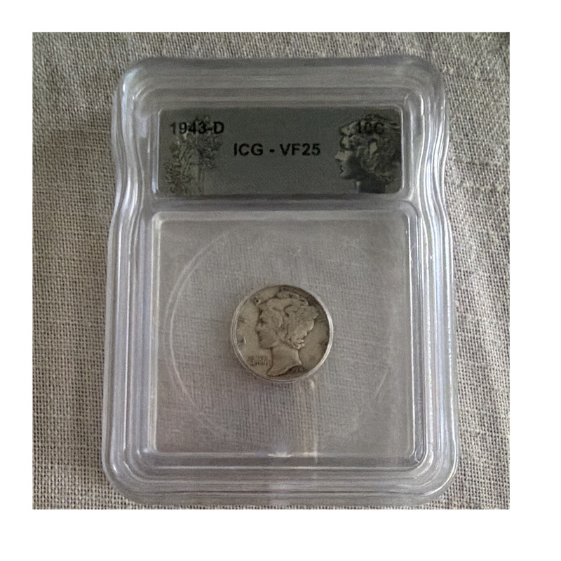 ICG VF25 1943-D Mercury Dime 10C Denver 0.9 Silver Business Strike
