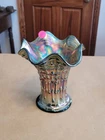 Squatty Green Fenton Carnival Glass April Showers Pattern Vase Peacock Interior