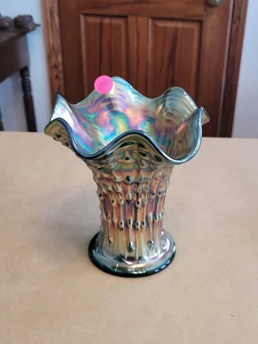 Squatty Green Fenton Carnival Glass April Showers Pattern Vase Peacock Interior