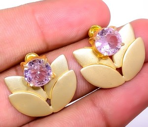 Authentic Leaf Style Rose Quartz Gold Plated Stud Earring 0.78" E6147-1