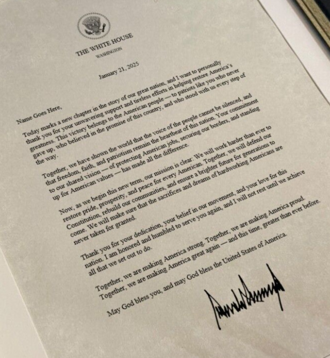 SIGNED Inauguration 2025 Donald Trump Thank You Letter - Personalized