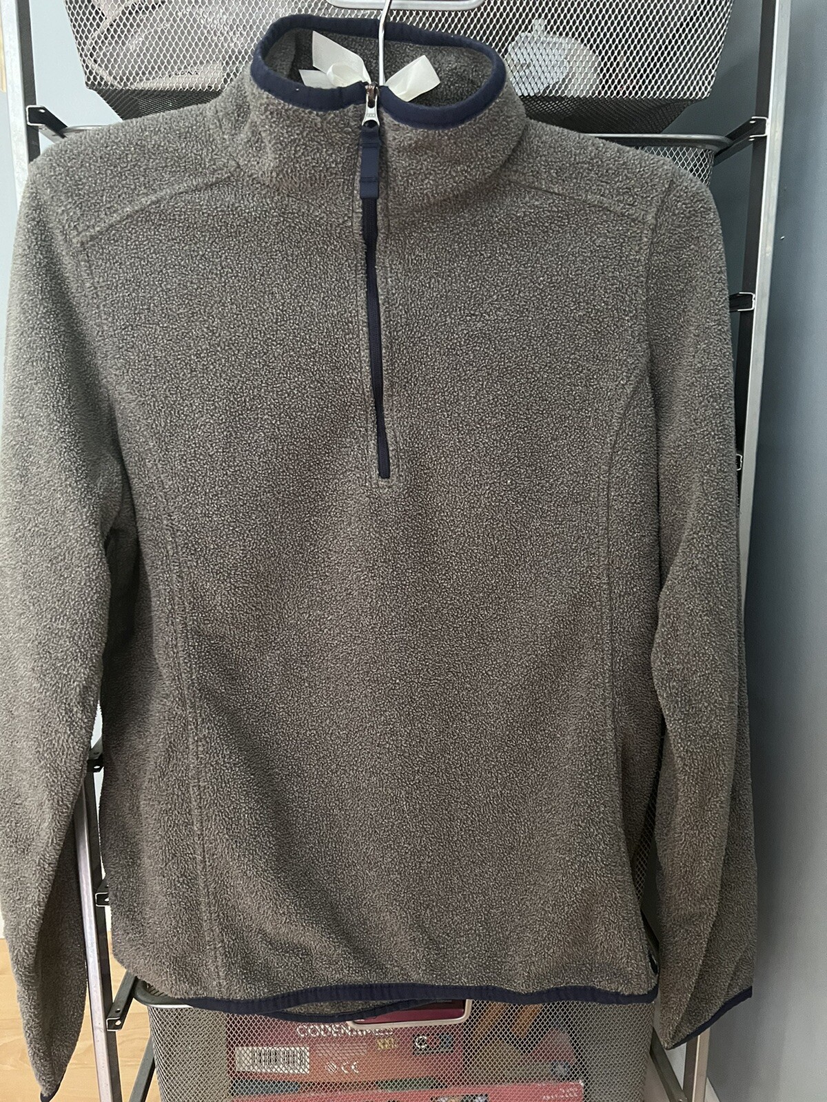 LL Bean Women's Fleece Pullover 1/4 Zip, Petite XS gray with navy trim