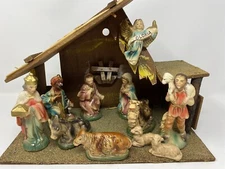 Vintage Nativity Set Sankyo Japan Plays Silent Night 12 Figures In Wood Stable