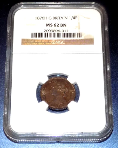 1876 H Great Britain 1/4p Farthing NGC MS62 BN British Certified UNC Graded Coin