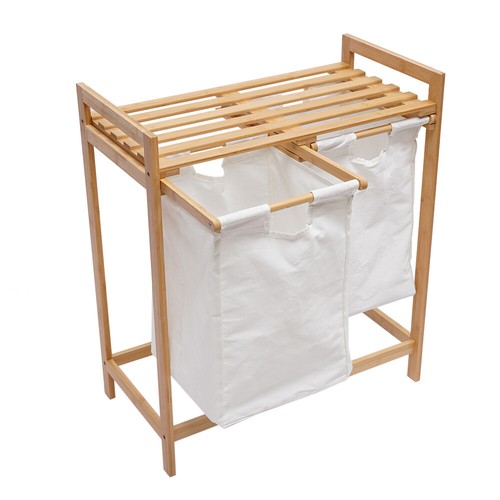 Bamboo Laundry Hamper Laundry Double Basket Wooden Laundry Sorter for Home Use - Picture 6 of 12