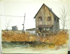 BORYS BUZKIJ ORIGINAL WATERCOLOR ABANDONED BARN LANDSCAPE PAINTING