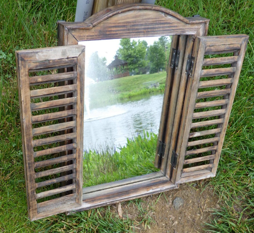 Vintage Wall Mirror Wood Frame & Hinged Louvered Doors 12 1/2" W x 17 1/2" H