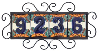 FOUR Mexican HOUSE NUMBER Tile & Iron Frame High Relief Sunflower HR1
