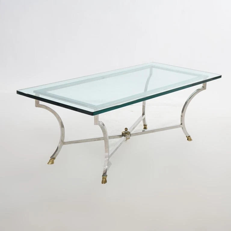 Mesa de centro moderna de mediados de siglo Hollywood Regency cromada, latón y vidrio C1960 Foto 2 de 4