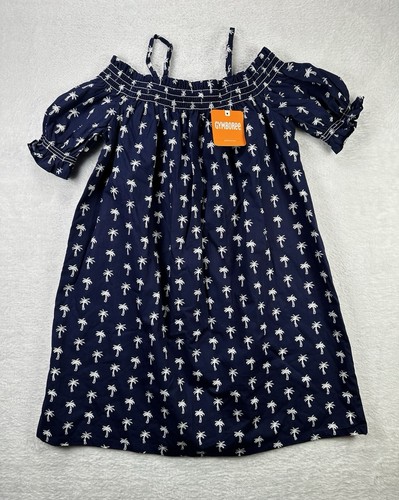 Gymboree Sunwashed Days Dress Girls 8 Palm Tree Off Shoulder Dark Blue White