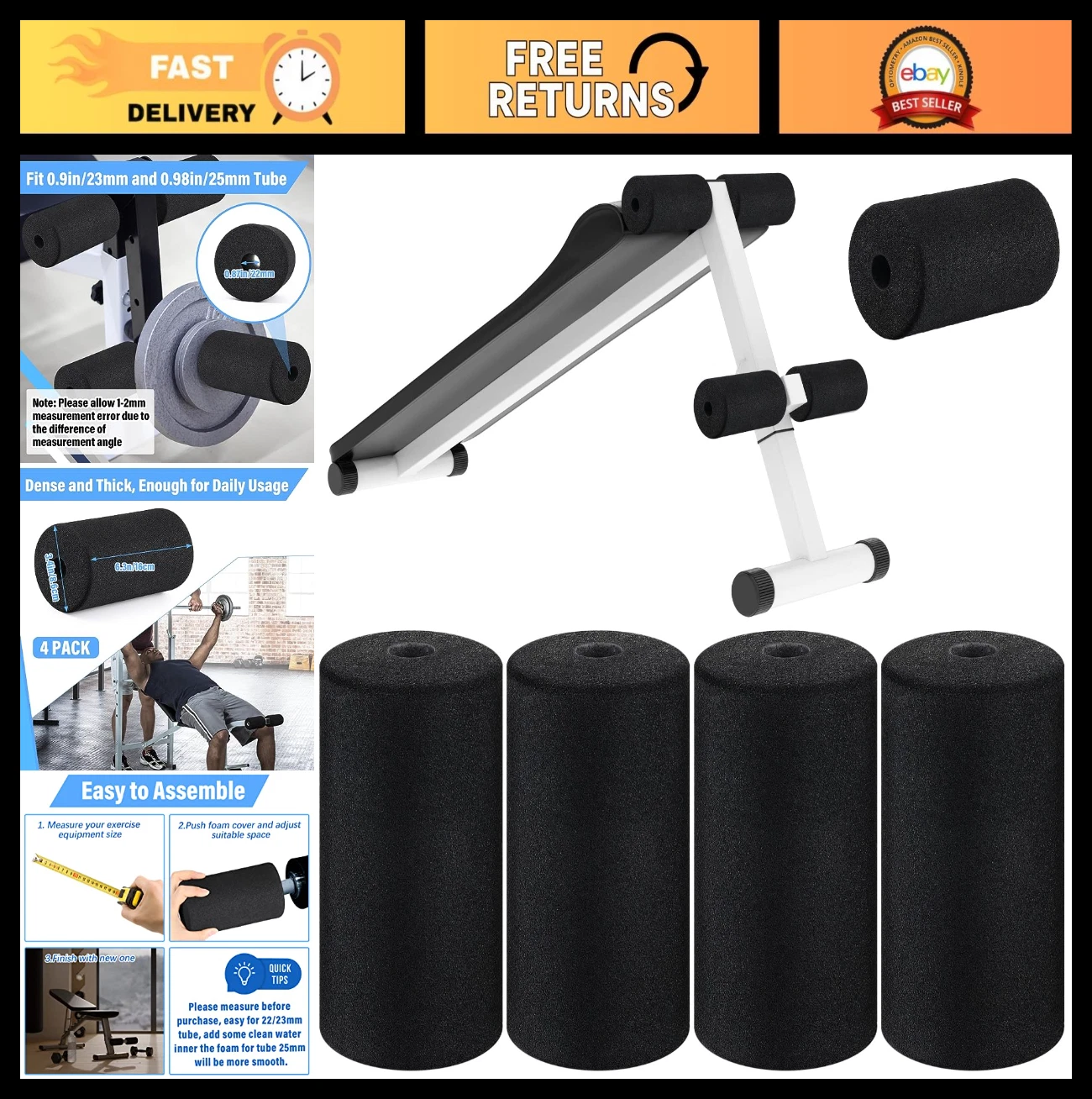 4 Pcs Foam Foot Pad Rollers for Exercise Machines - Replacement Pads for Home Gy