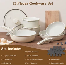 NEW - 15Pcs Pots and Pans Set Non Stick w/ Detachable Handle, White