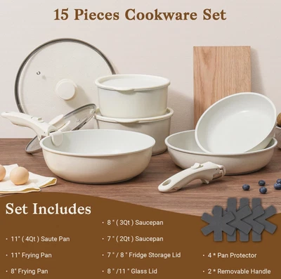 NEW - 15Pcs Pots and Pans Set Non Stick w/ Detachable Handle, White