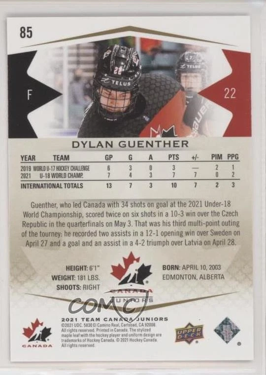 2021 Upper Deck Team Canada Juniors High Gloss /25 Dylan Guenther #85 - Image 2 of 2