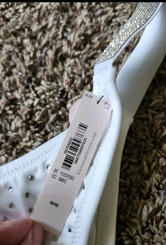 Victoria Secret Med M Bikini Brasileño Parte Inferior Brillo Correa Logo NOVIA Blanco NUEVO Foto 3 de 4