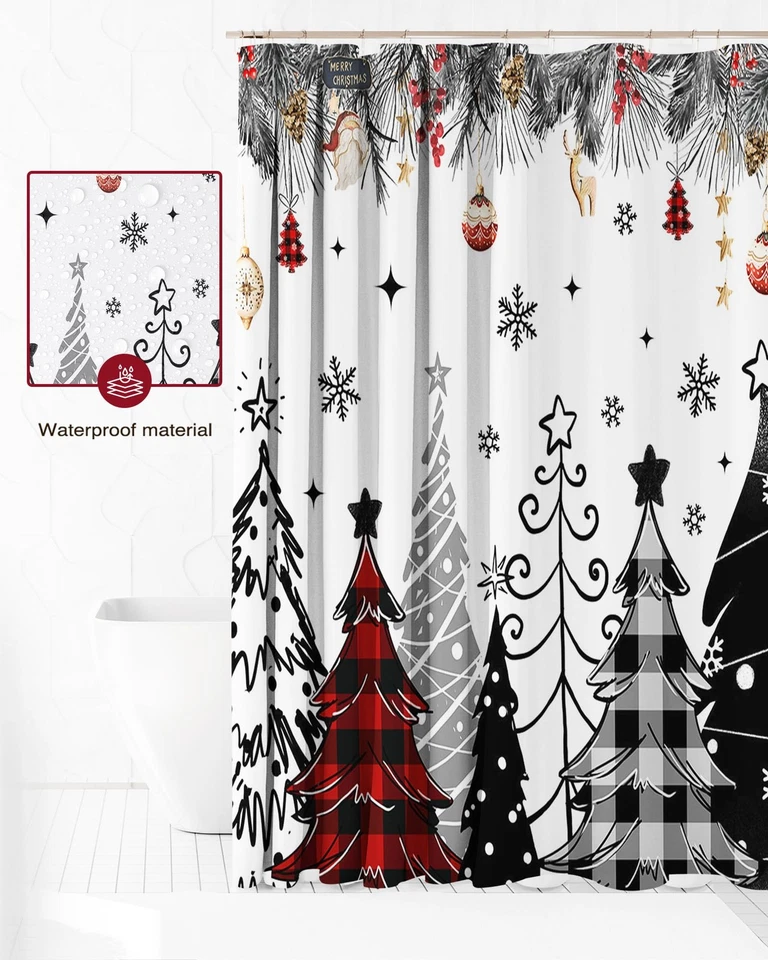 72x72 дюйма красная занавеска для душа Merry Christmas рождественская елка в клетку с буйволом - Изображение 4 из 4