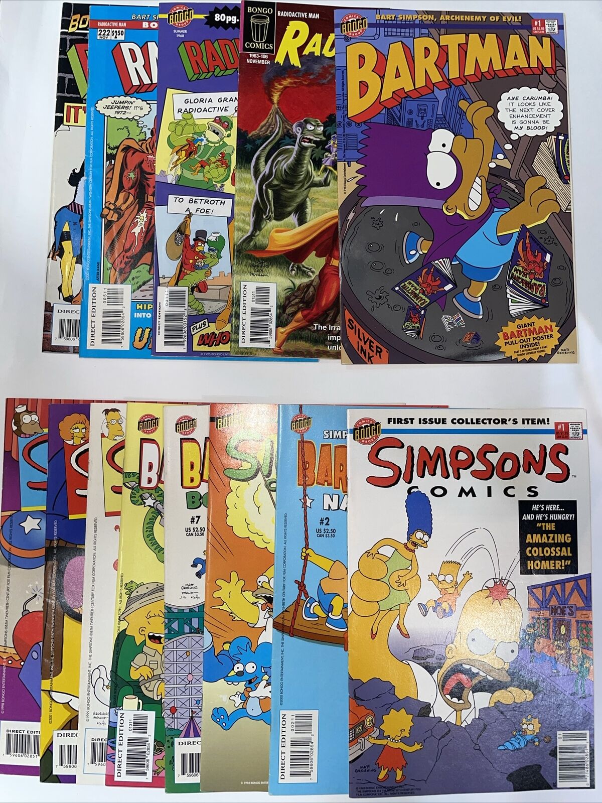 Simpsons 1,2,5,7,9,40,41,57 Bartman #1 1993 Foil Poster Bongo, radioactive man