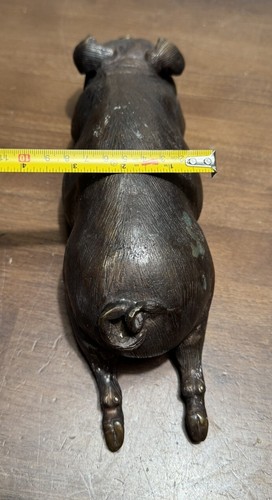 12” Vintage Bronze Pig Piglet Statue Paper Weight Door Stop Laying Down - Picture 8 of 12