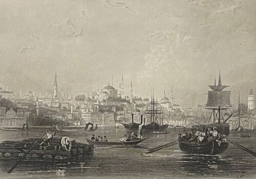 Istanbul Turkey View of the Bosphorus Constantinople 1840 Engraving Türkiye - Picture 1 of 7