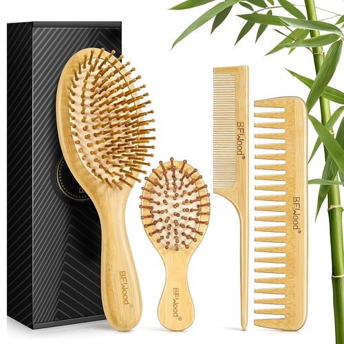 Bamboo Hair Brush Set, 4 PCS Natural Wooden Combs Paddle Detangling Hairbrush, W - Picture 7 of 12