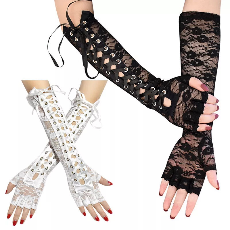 Sexy Lace Long Gloves Ribbon Half-Finger Fishnet Mesh Mittens Arm Elbow  Length