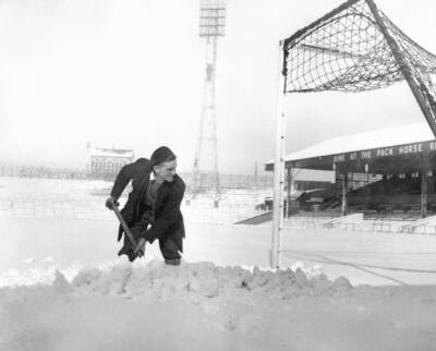 Groundsman Fred Eckersley clearing deep snow around a goalmout - 1958 Old Photo