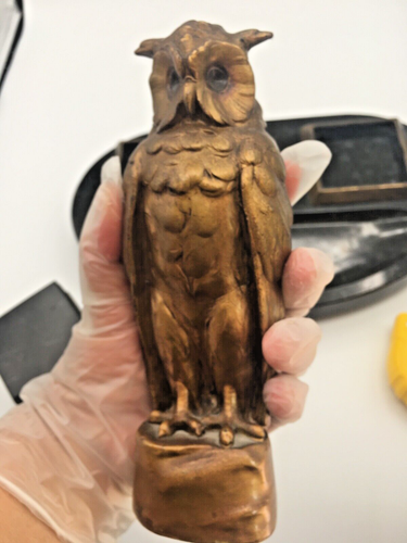 Antique German Bronze Owl Black Marble Base Double Crystal Inkwell desk Art Deco - Picture 15 of 18