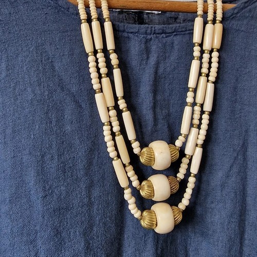 Statement Necklace Ethnic Brass & Bone Boho Tribal Lagenlook Layering Neutrals - Picture 2 of 8