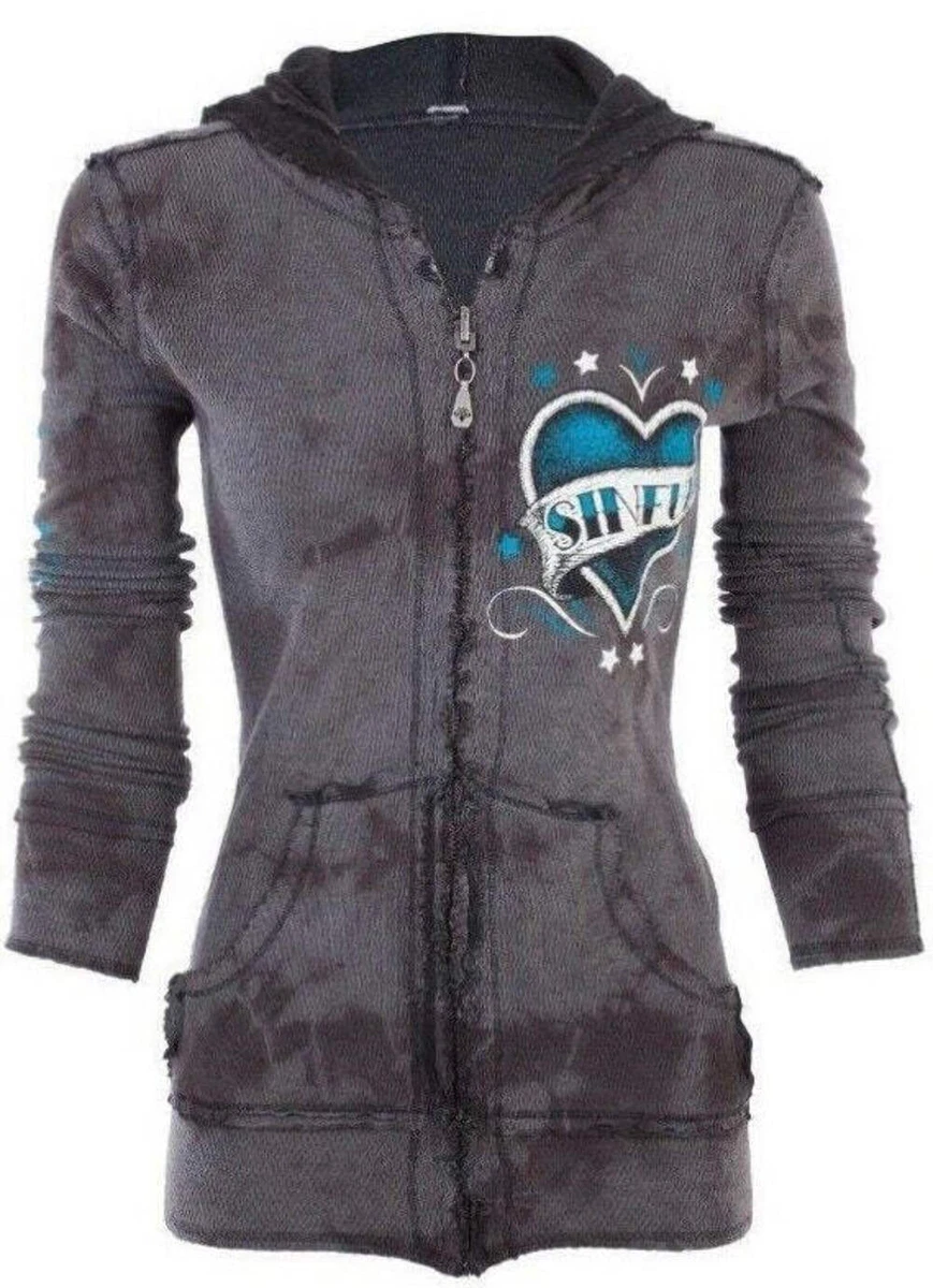 Affliction Women s Reversible Zip Up Hoodie Jacket Love Bandit Biker Tattoo