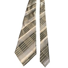 Van Heusen Mens Silk Tie Tan Gray Plaid Pattern Elegant Necktie