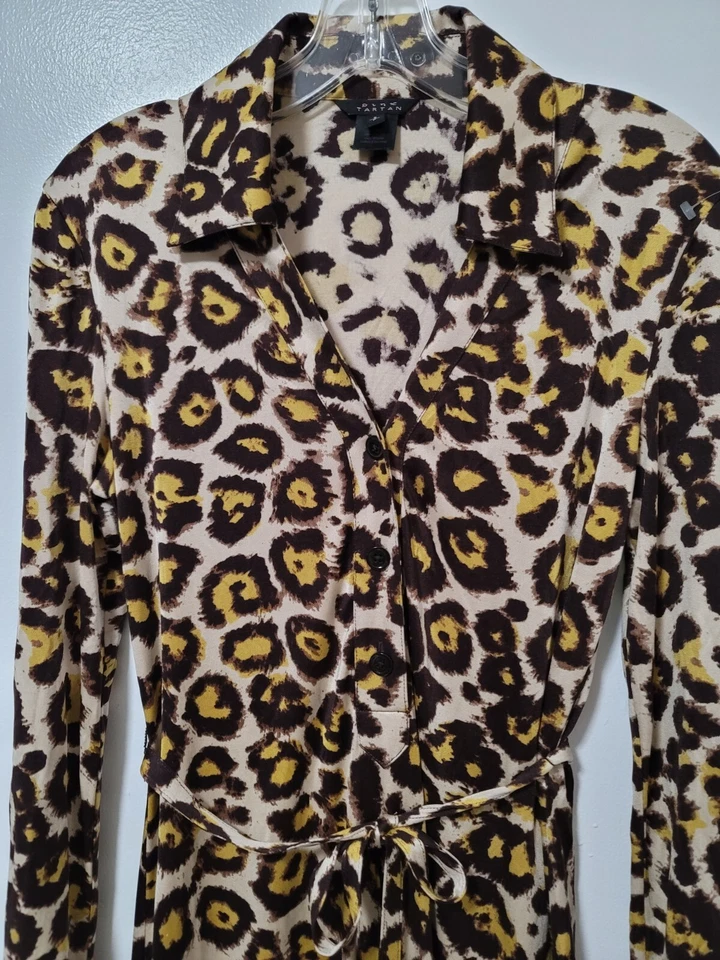 Pink Tartan Shirt Dress Womens Sz Small Leopard Print Silk Stretch Jersey Midi - Image 4 of 4