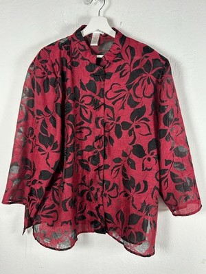 Drapers & Damons Womens Mandarin Collar Red Black Floral Jacket 3X Linen Blend