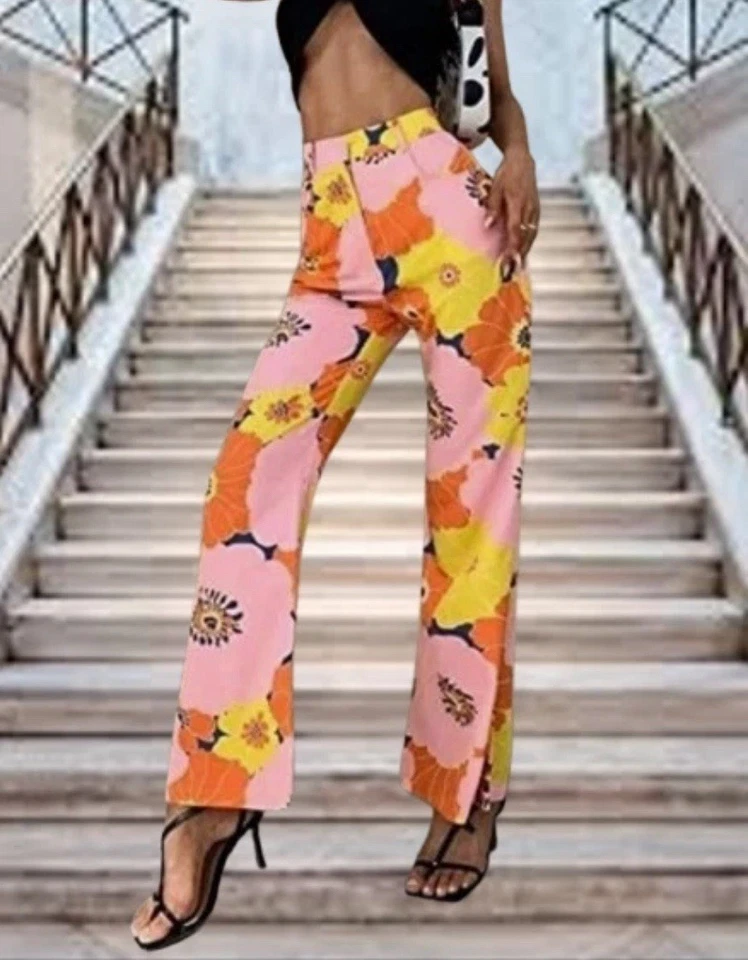 Pantalones acampanados florales con estampado audaz de ZARA estilo retro años 70 hippie boho divertido estampado talla M Foto 2 de 4