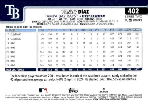 2025 Topps #402 Yandy Díaz - Bild 2 von 2