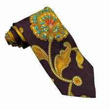 Leonard Paris Mens Baroque Floral Purple/Gold Silk Italy 3.75" (W) x 57" (L) euc